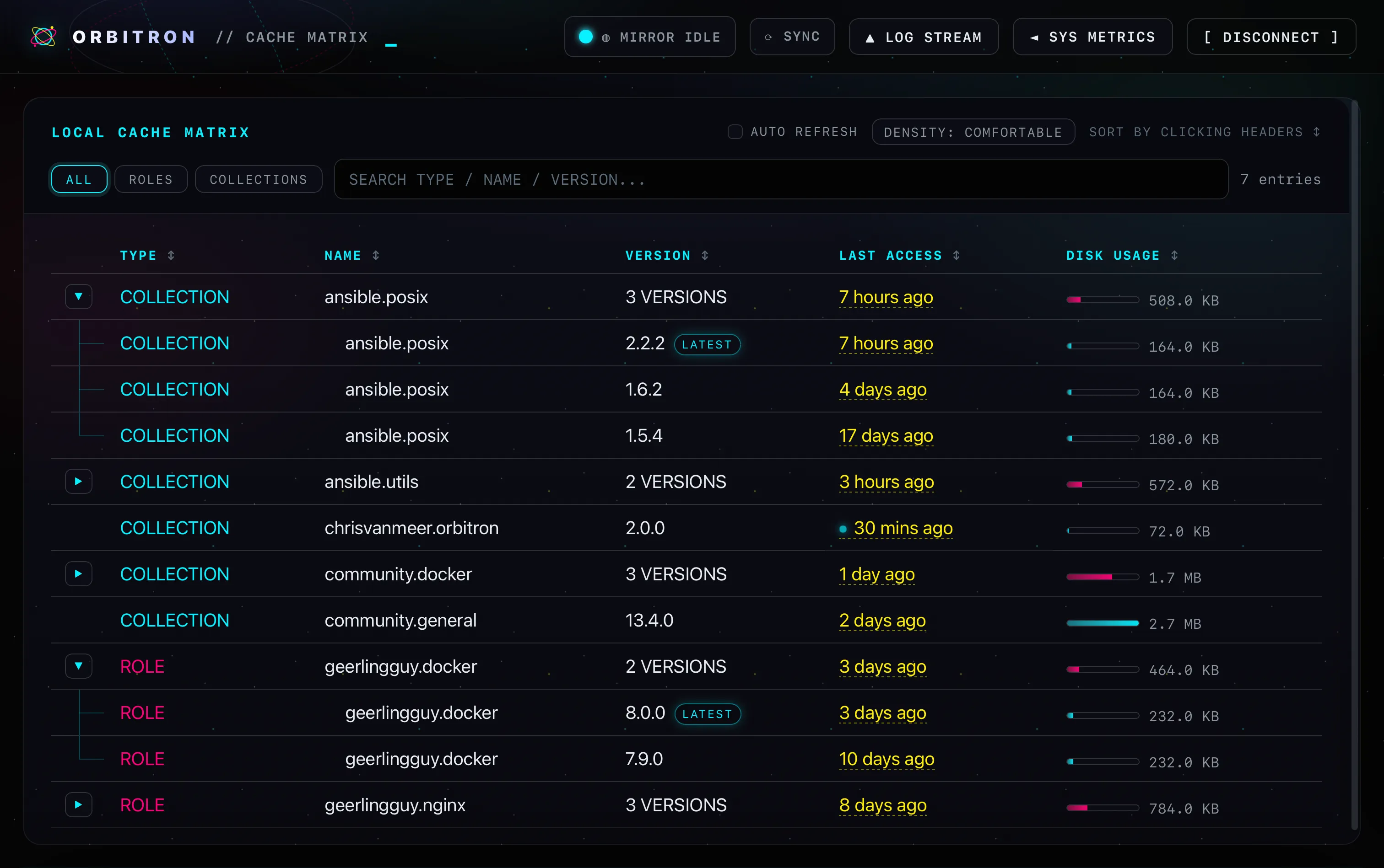 Orbitron web dashboard — cache matrix